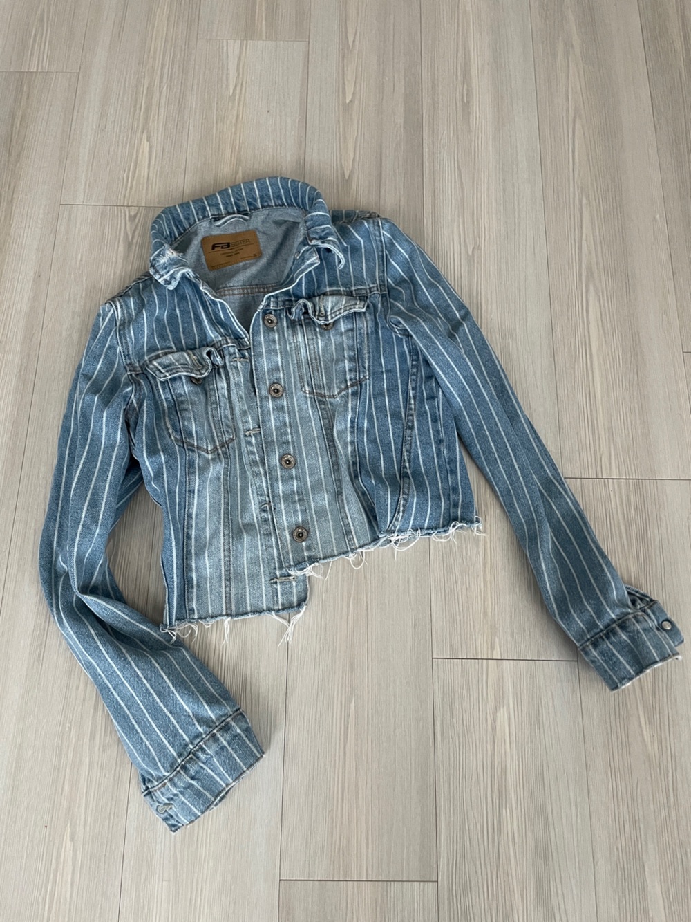 Striped Light Blue Denim Jacket with Frayed Hem - Women